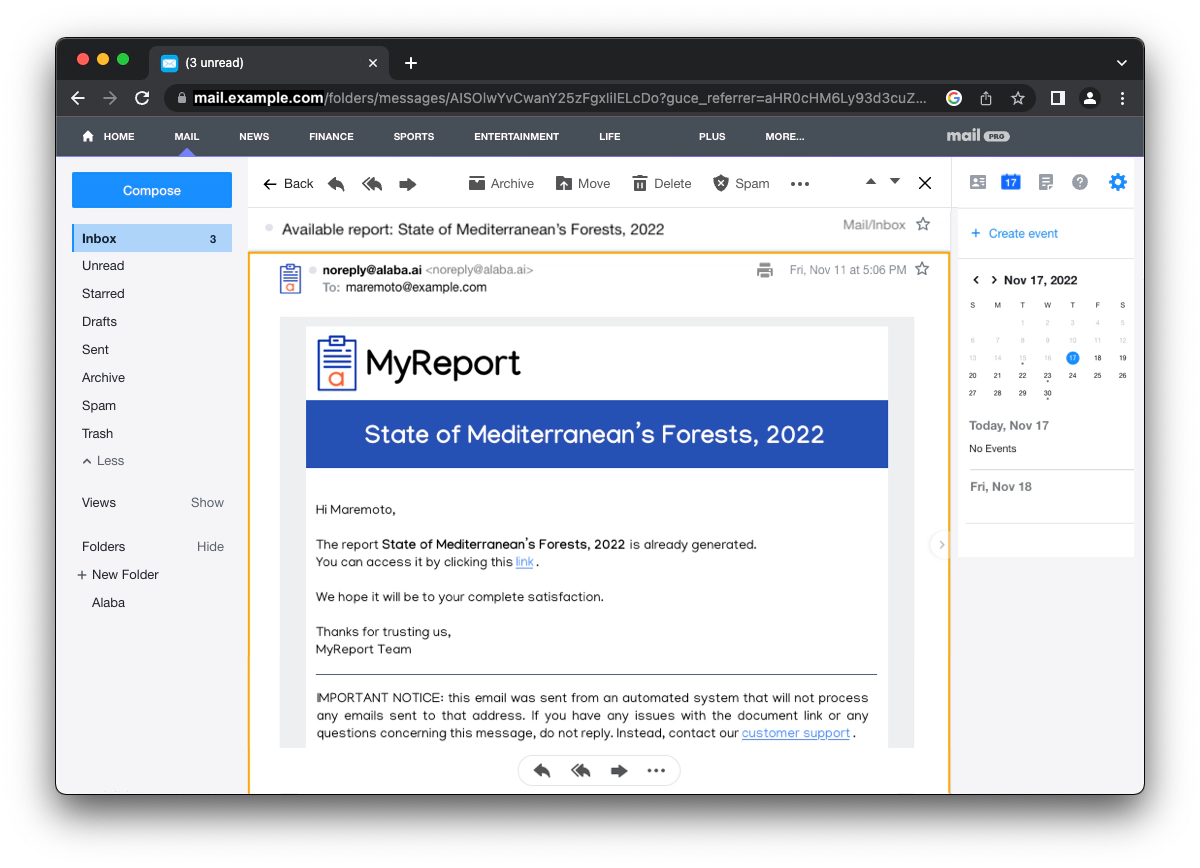 Email with the generated report link