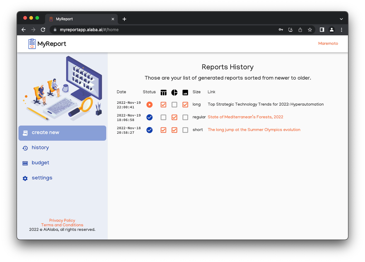 History of generated and pending reports